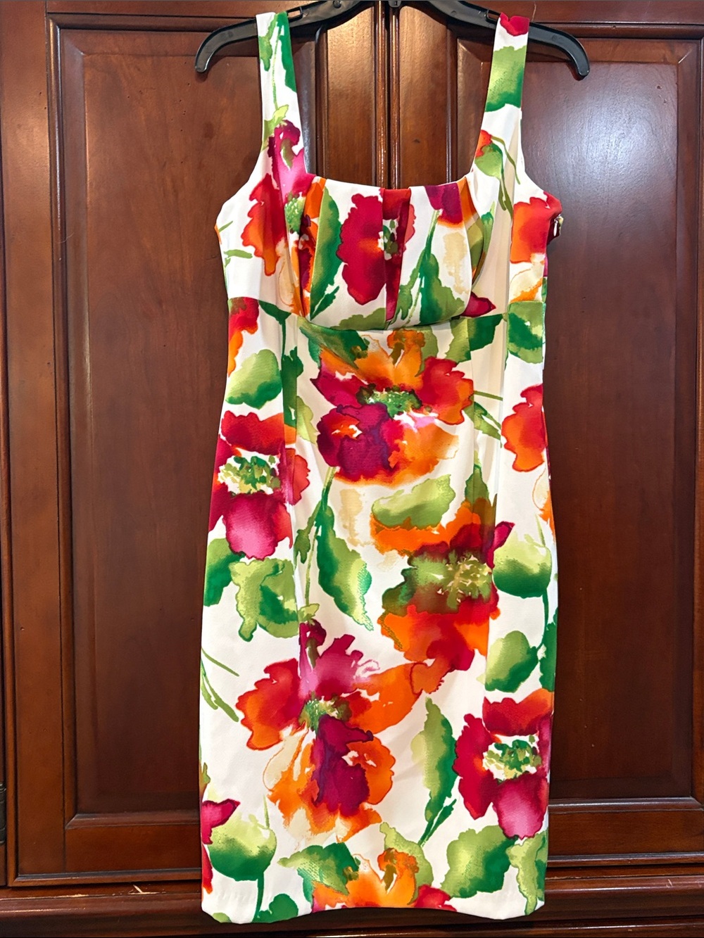 Ronni Nicole White Midi Dress with Pink, Orange & Green Floral Print